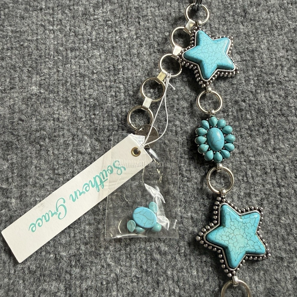 Southern Grace Turquoise Stone Star Concho Chain Belt Silver Tone Western NWT - Picture 3 of 10